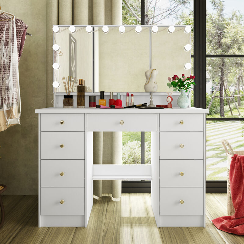 White Modern Makeup Vanity Desk 9 Drawers Wood Dressing Table With 3 Mirrors, Hidden Storage Shelves, LED Bulb Lights
