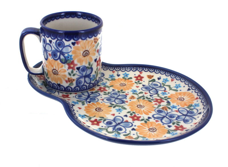 Blue Rose Polish Pottery Sunflower Maze Breakfast Plate with Mug