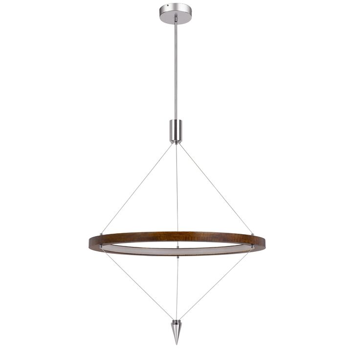Erbo 11 Inch Pendant Light Fixture, Dimmable LED, Pine Wood and Chrome - Benzara