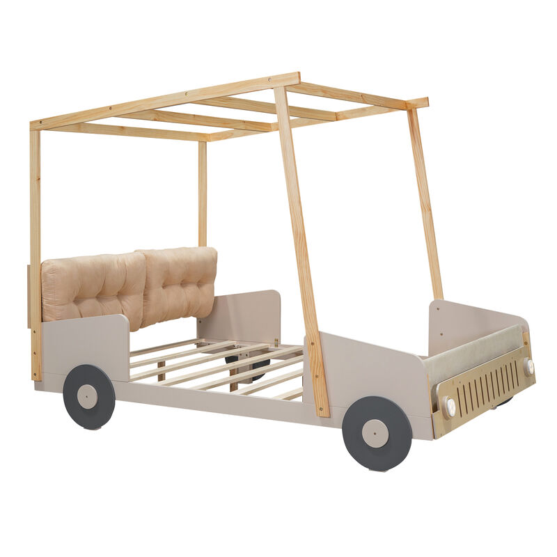 Merax Car Bed with Pillow, Ceiling Cloth and LED