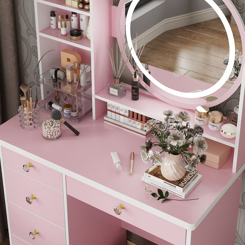 FUFU&GAGA Contemporary Pink Makeup Vanity Set with Round Mirror and Touch Screen Light Adjustment (31.5" W x 15.7" D x 53.1" H), Pink