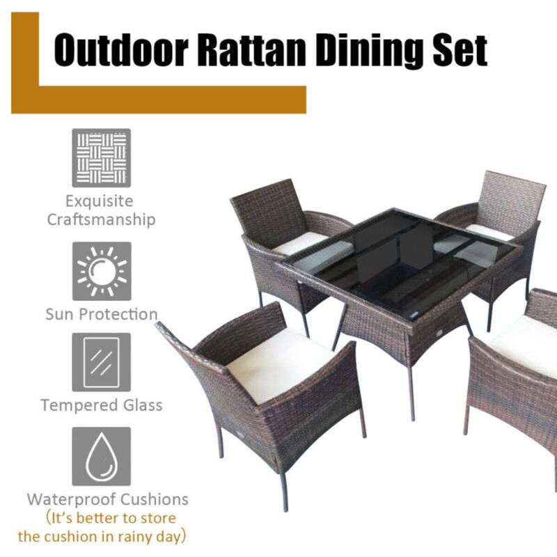 Hivvago 5-Piece Outdoor Wicker Dining Set with Tempered Glass Table and Ergonomic Armchairs