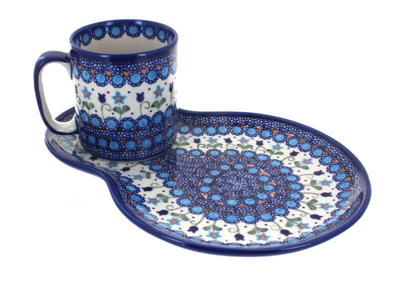 Blue Rose Polish Pottery Sunflower Maze Breakfast Plate with Mug