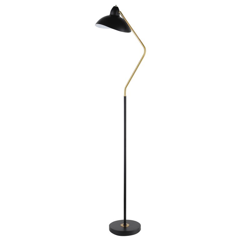69 Inch Floor Lamp, V Curved Arm, Wavy Edges, Black Metal, Gold, White  - Benzara
