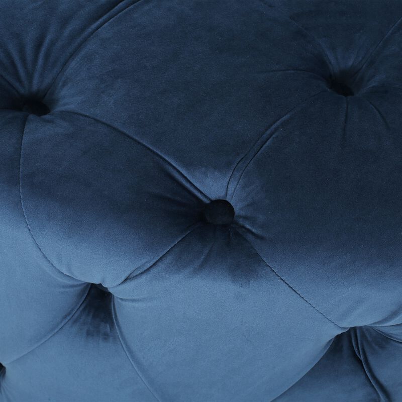 Vivan Ottoman, Tufted Blue Velvet, Soft Cushions, Round 40 Inch Top - Benzara