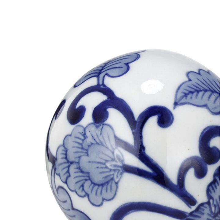 4 Inch Decorative Ball Set of 6 Orbs, Blue And White Printed Porcelain - Benzara