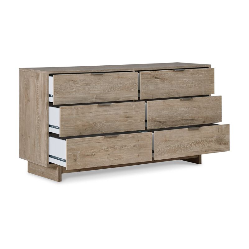 Fervor 59 Inch Dresser, 6 Drawers, Brown Wood Frame, Brushed Nickel Handles-Benzara