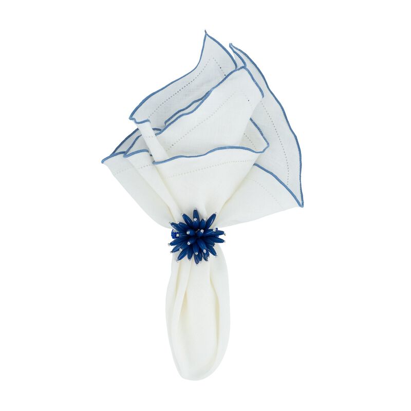 Linen Napkins With Blue Ruffled Hemstitch Edges, Set of 4