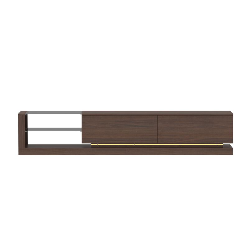 FUFU&GAGA Wood Veneer Glass TV Cabinet, MDF with Gray Tempered Glass, LED Strip Design, Modern Minimalist Style, (89.4 " W x 15.7" D x17.3" H), Walnut