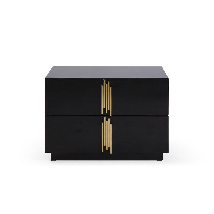 Benjara 28 Inch Nightstand, Modern Vertical Handles, 2 Drawers, Finish, Black and Gold
