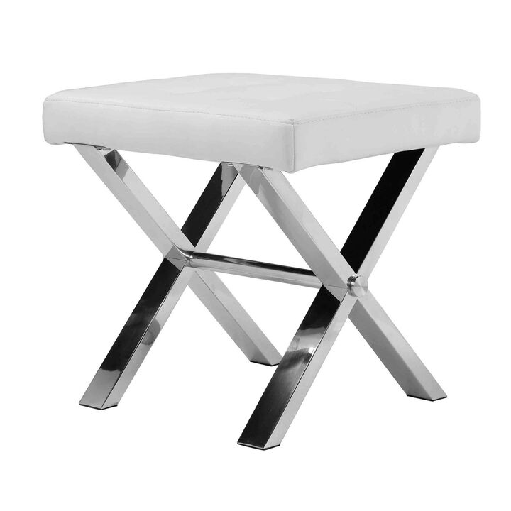 Tia 18 Inch Accent Stool Ottoman, White Faux Leather Top, Chrome Steel Legs - Benzara