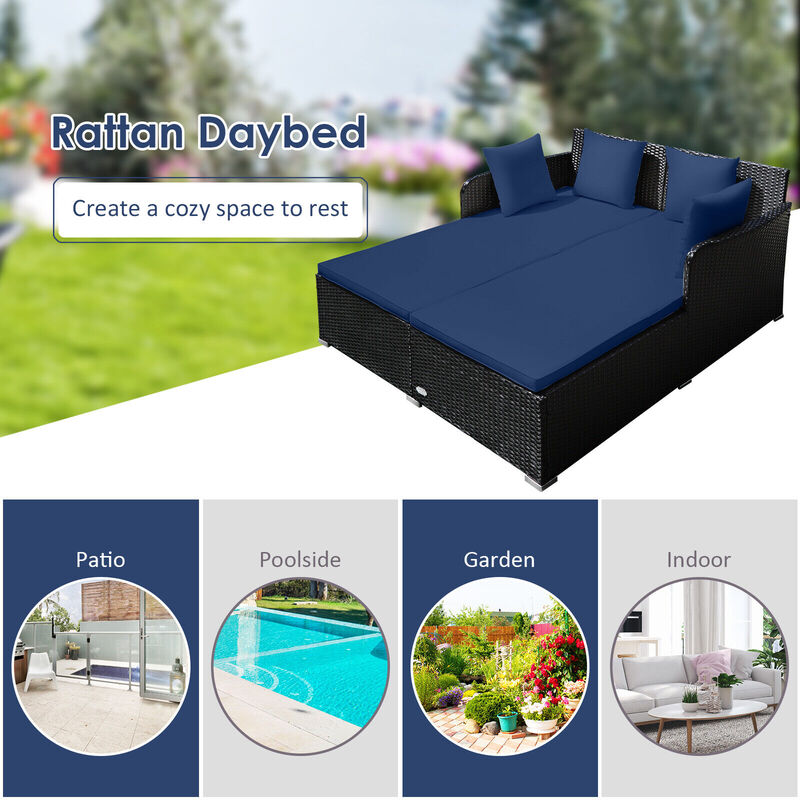 Spacious Outdoor Rattan Daybed with Upholstered Cushions and Pillows