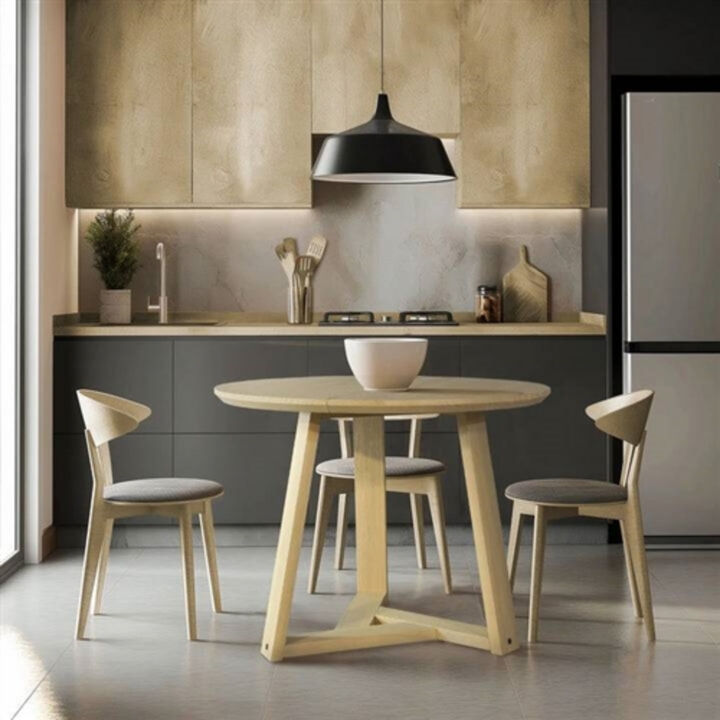 Scandinavian Round Wooden Dining Table – Compact Blonde Wood Table for Kitchen