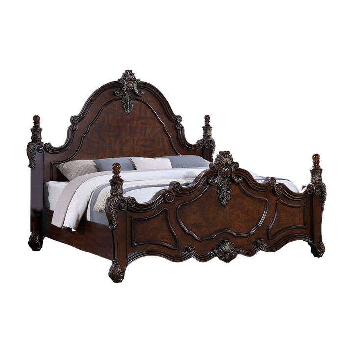 Frank Queen Size Bed, Carved Details, Finial Posts, Cherry Brown Solid Wood - Benzara