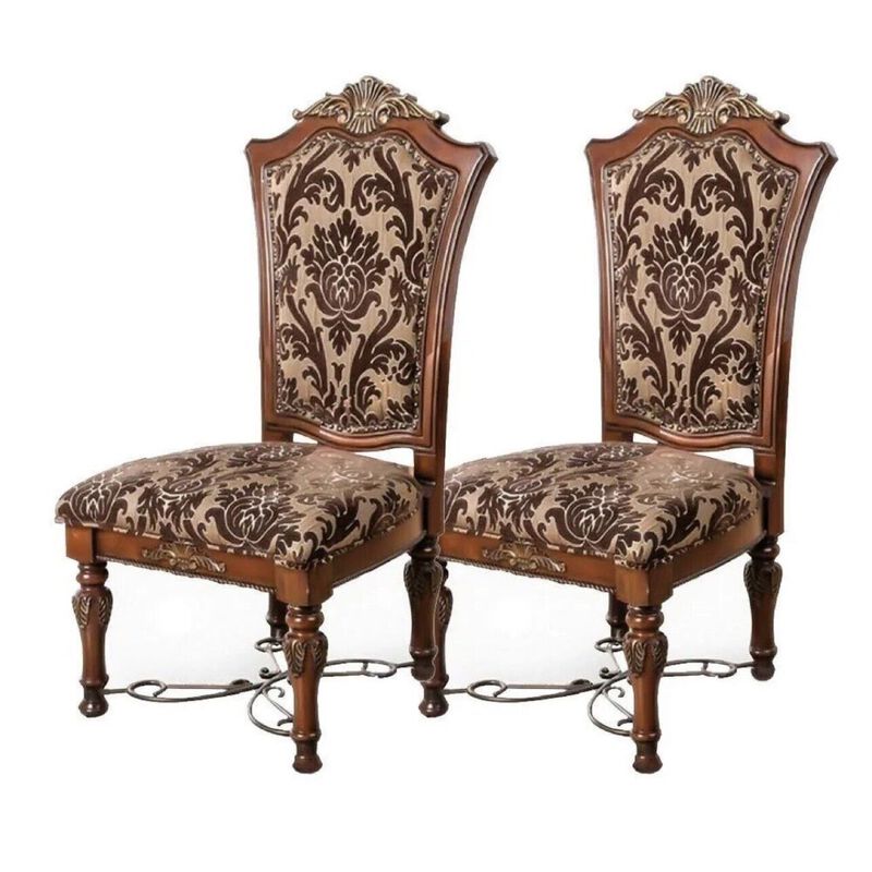 Brown Cherry Side Chairs with Floral Design Seats