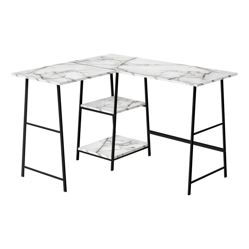 Monarch Specialties I 7595 Computer Desk, Home Office, Corner, Storage Shelves, 48"L, L Shape, Work, Laptop, Metal, Laminate, White Marble Look, Black, Contemporary, Modern
