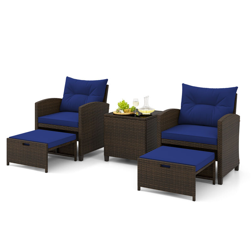 5 Pieces Patio Rattan Furniture with 2 Ottomans and Tempered Glass Coffee Table