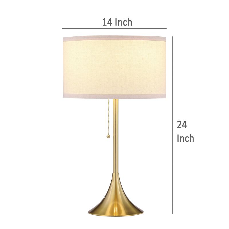 Mikka Table Lamp, Pull-Chain, Gold Flared Pedestal Base, Beige Fabric - Benzara