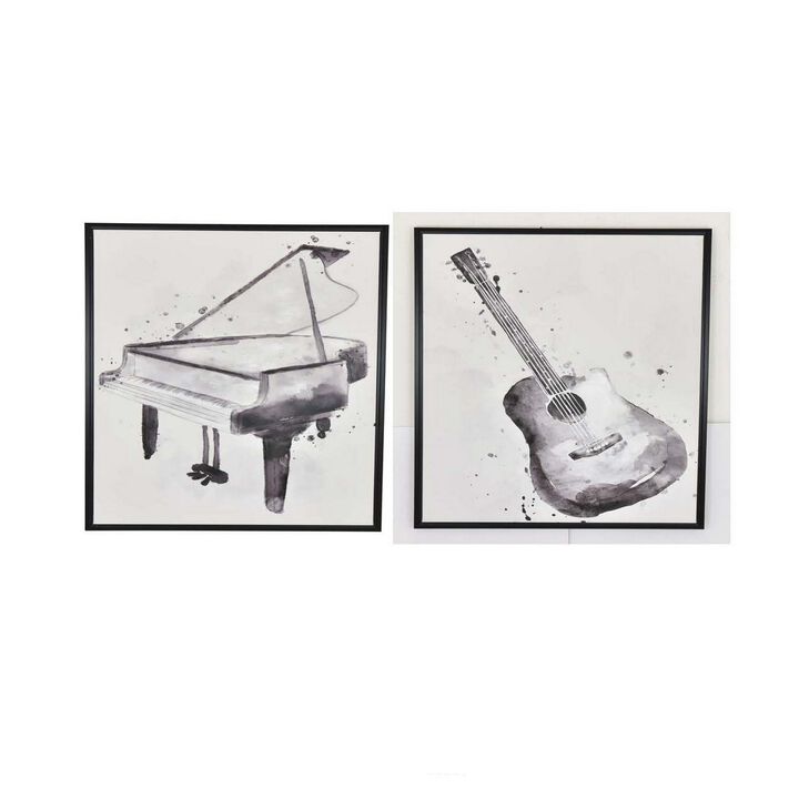 30 x 40 Framed Wall Art Painting Set of 2, Guitar and Piano, Black, White - Benzara