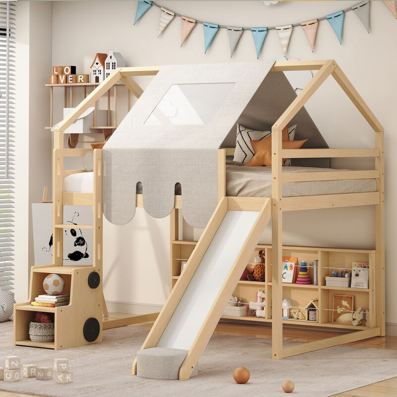 Merax Wooden House-shaped Frame Loft Bed  with a Tent