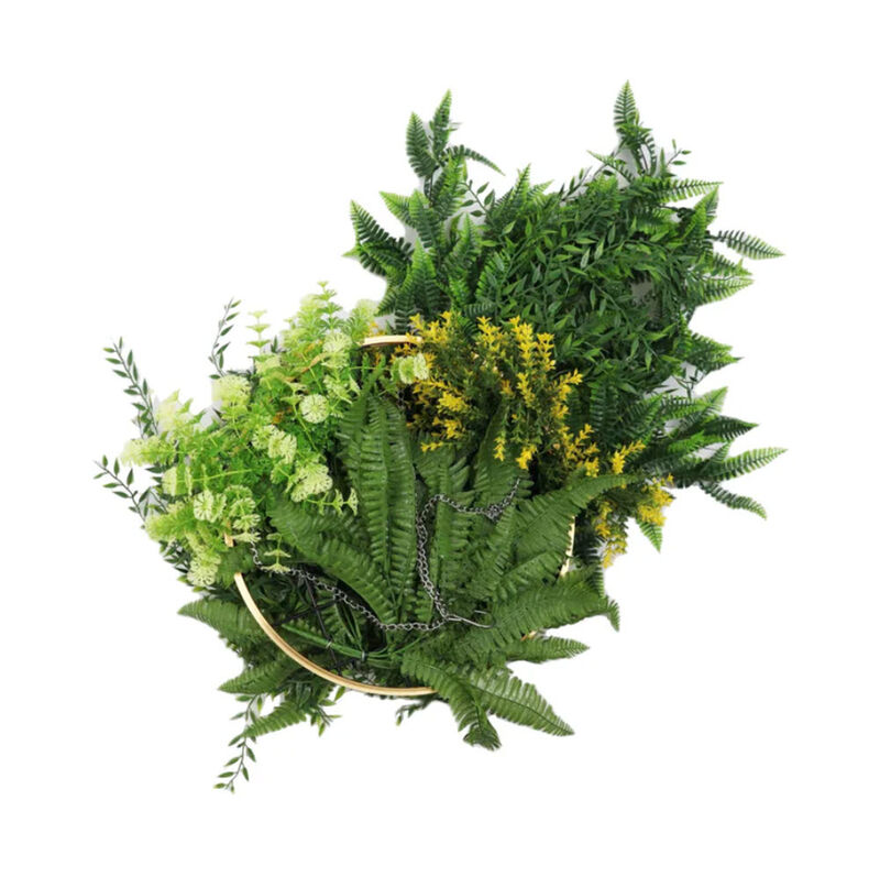Gold Framed Roof Hanging Disc With Draping Life-Like Ferns and Plants 31.5" UV Resistant