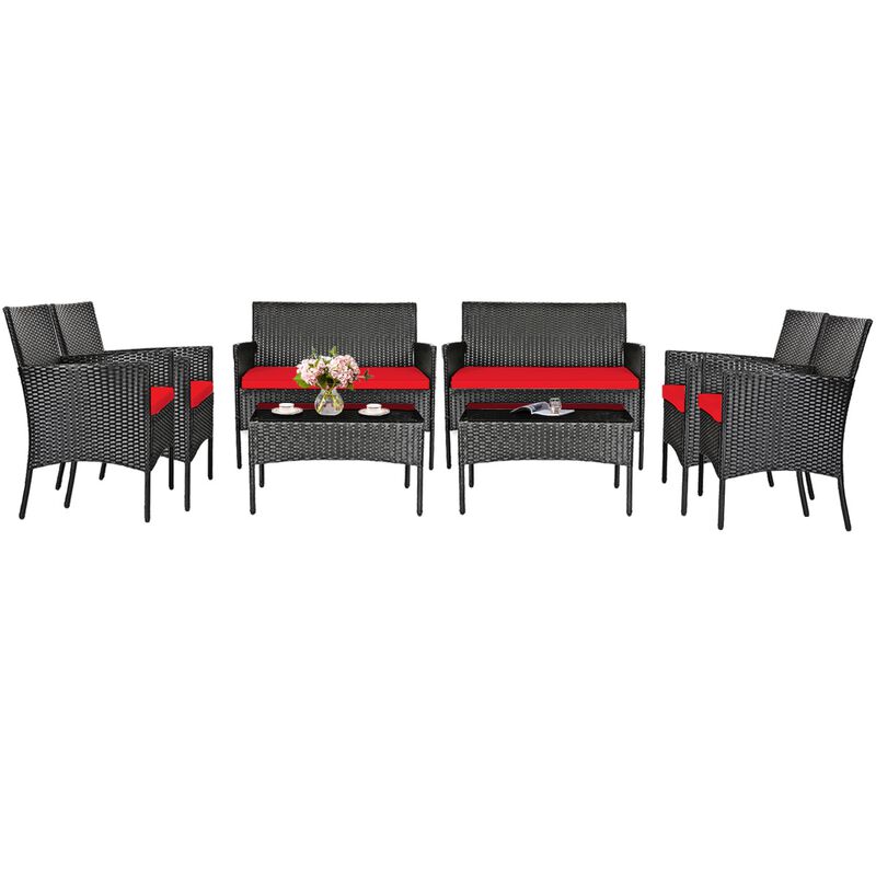 4 Pieces Patio Rattan Cushioned Sofa Set with Tempered Glass Coffee Table-Red