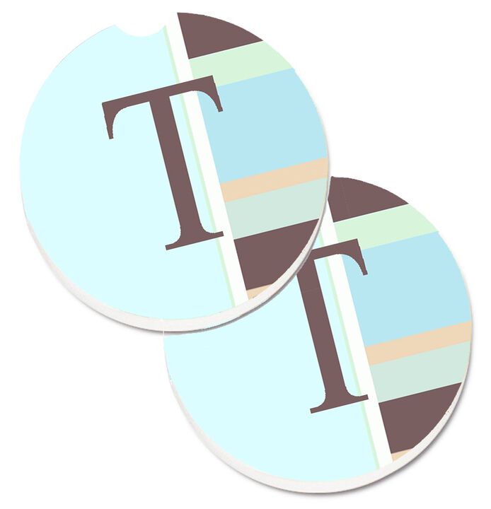 Caroline's Treasures Letter T Initial Monogram - Blue Stripes Set of 2 Cup Holder Car Coasters CJ1003-TCARC, 2.56, Multicolor