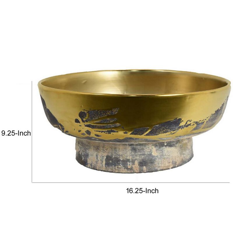 16 Inch Decorative Bowl, Distressed Gold Finish, Modern Aesthetic, Ceramic - Benzara