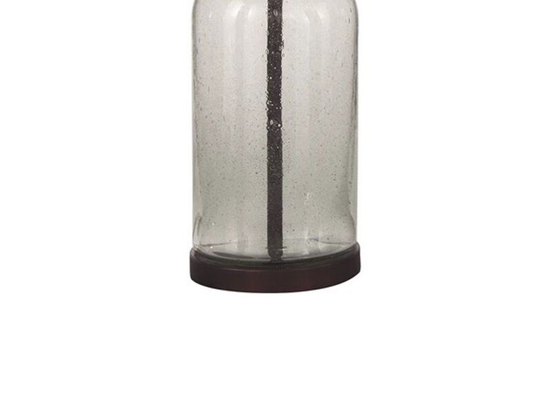 Cylindrical Seeded Glass Table Lamp with Fabric Drum Shade, Beige and Clear - Benzara