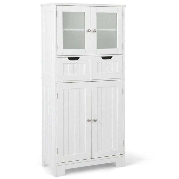 Hivvago 3 Tier Freee-Standing Bathroom Cabinet with 2 Drawers and Glass Doors-White