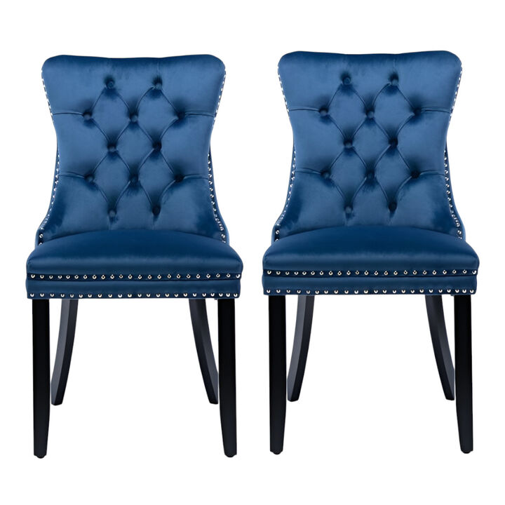 Velvet Upholstered Dining Chairs, Set of 2 – Tufted Back & Wood Legs
