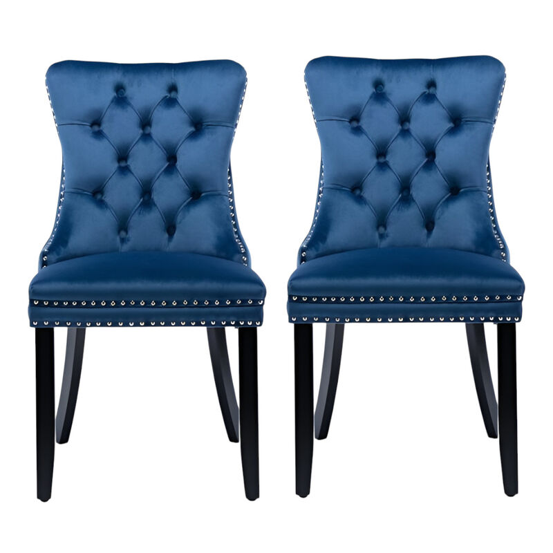 Velvet Upholstered Dining Chairs, Set of 2 – Tufted Back & Wood Legs