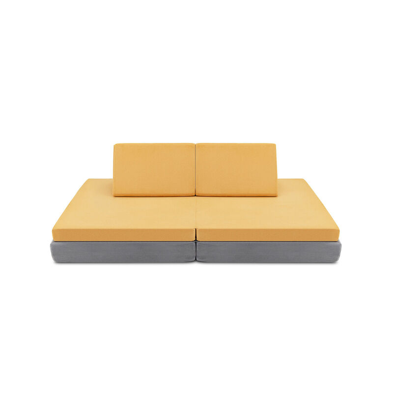 4 Pieces Convertible Kids Couch Set with 2 Folding Mats in Yellow