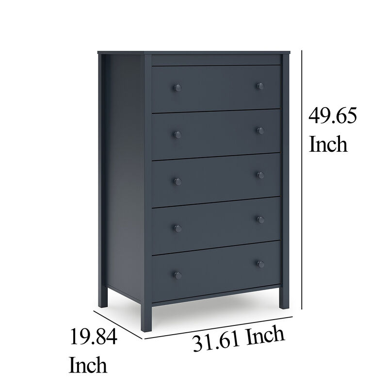 Cian Tall Dresser Chest, 5 Drawers, Knobs, Navy Blue Wood, 50 Inch - Benzara