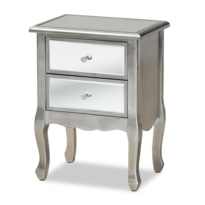 Baxton Studio Leonie Brushed Silver Finished Wood and Mirrored Glass 2 Drawer End Table