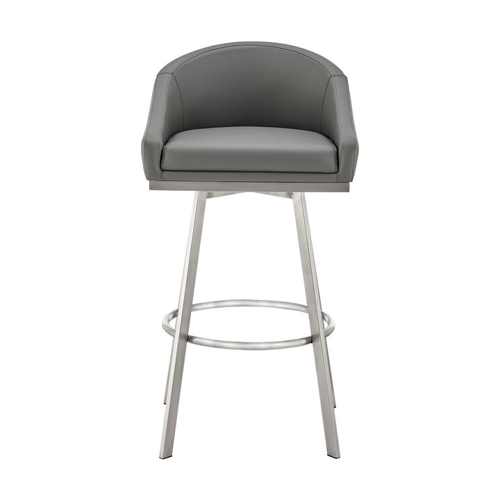 Sheryl 30 Inch Metal Swivel Bar Stool Chair, Low Back, Gray Faux Leather - Benzara