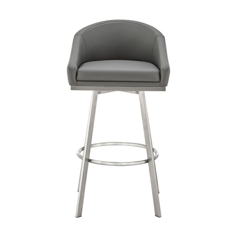 Sheryl 30 Inch Metal Swivel Bar Stool Chair, Low Back, Gray Faux Leather - Benzara