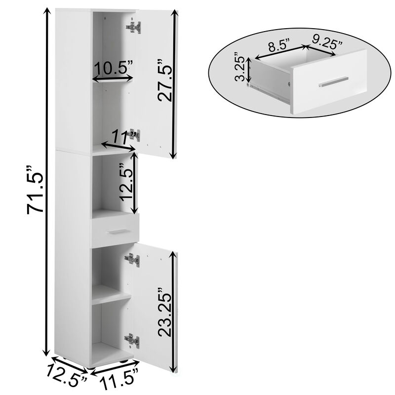 71.5 Inches Tall Thin Corner Shelf Floor Cabinet with 2 Doors, 1 Drawer, Freestanding Linen Tower Cabinet - Perfect for Bathroom, Living Room, Kitchen or Home Office, White