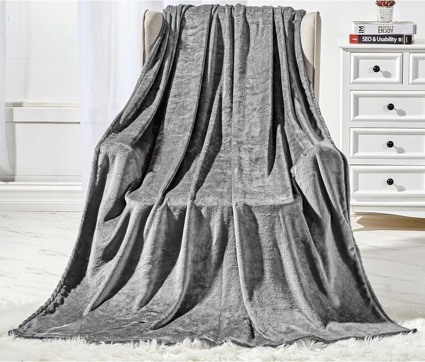 Plazatex Microplush and Microfiber All Season Hydrophobic  Polyester Solid Throw Blanket 50" x 60", Grey