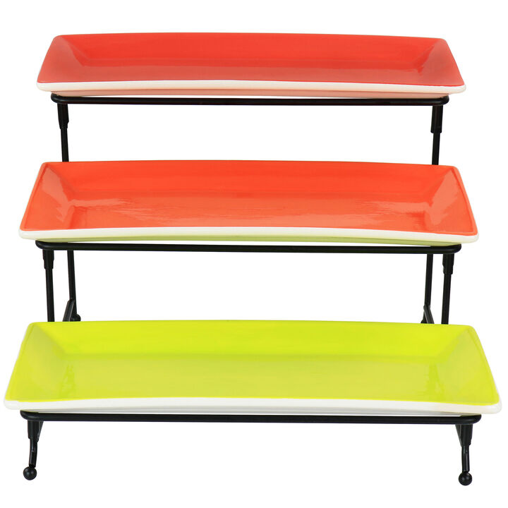 Gibson Home Crenshaw Hand Painted Stoneware 3-Tier Serving Set with Metal Rack in Multicolor