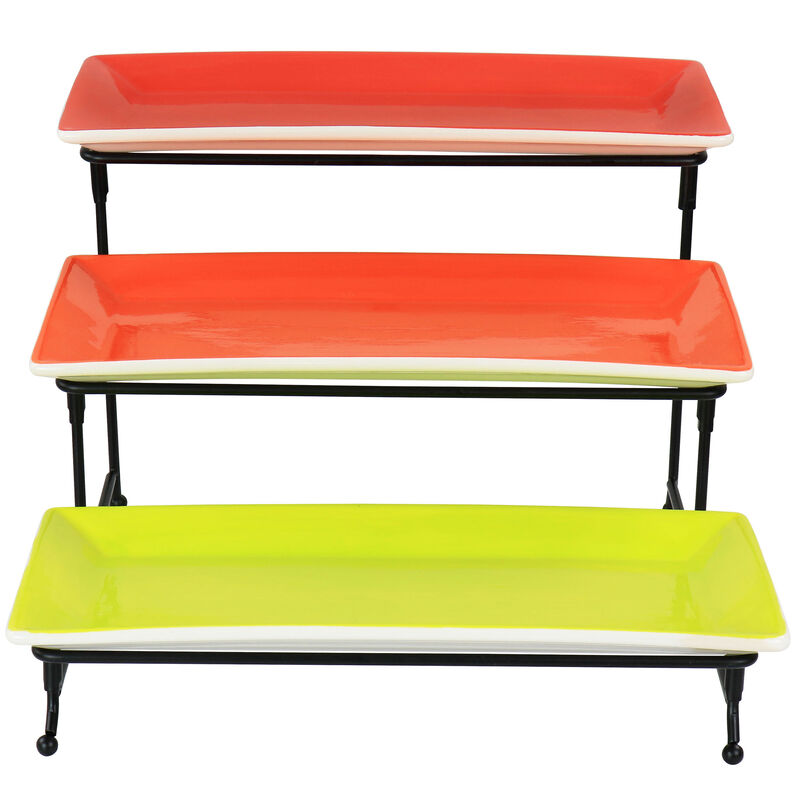 Gibson Home Crenshaw Hand Painted Stoneware 3-Tier Serving Set with Metal Rack in Multicolor