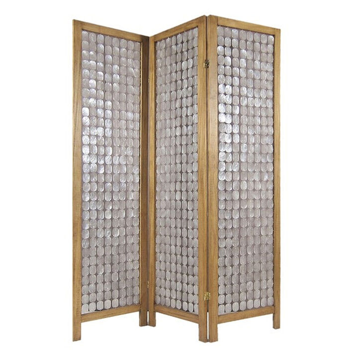 3 Panel Wooden Screen with Pearl Motif Accent, Brown and Silver - Benzara 3 Panel Wooden Screen with Pearl Motif Accent, Brown and Silver - Benzara