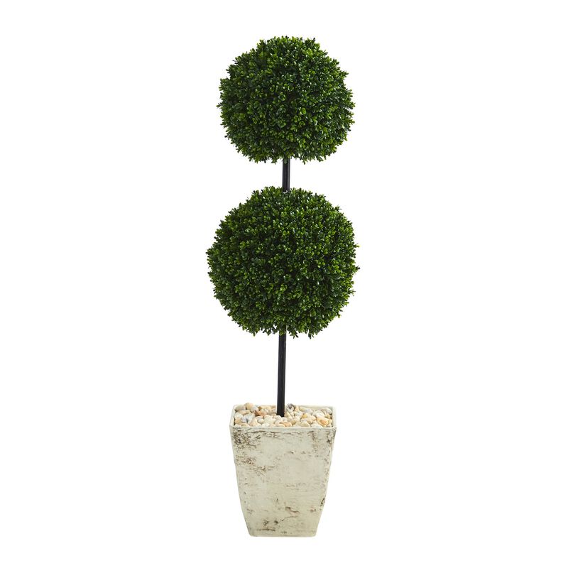 Hivvago 4 Feet Boxwood Double Ball Artificial Topiary Tree in Country White Planter UV Resistant (Indoor/Outdoor)