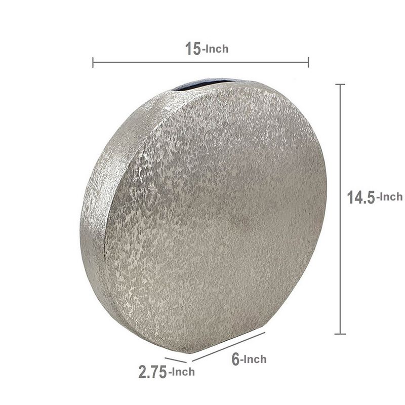15 Inch Modern Decorative Vase, Round, Silver Finished Aluminum Frame-Benzara