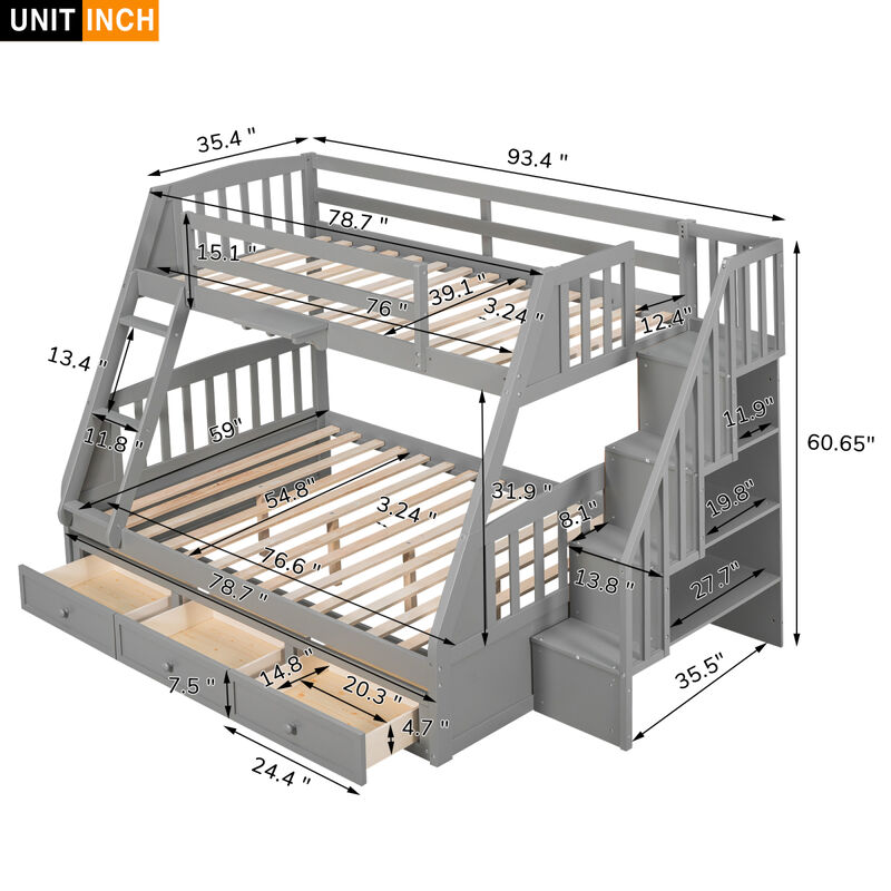 Twin-Over-Full Bunk Bed With Drawers, Ladder And Storage Staircase