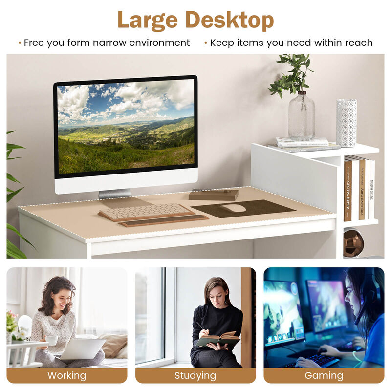 Computer Desk Home Office with Bookshelf and Drawers-White