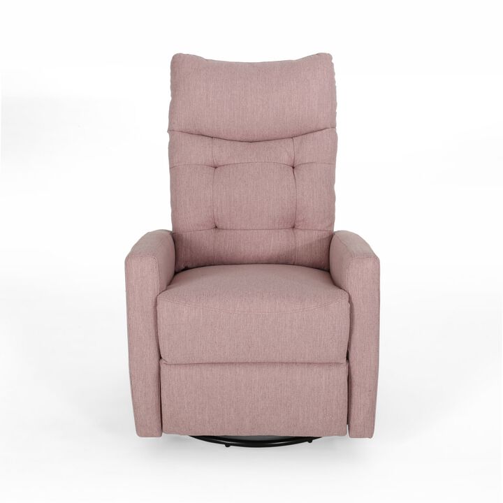 Push Back Glider Recliner Chair with Swivel, Blush Pink Tufted Fabric -Benzara