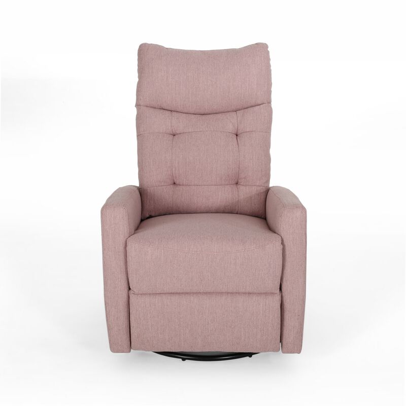 Push Back Glider Recliner Chair with Swivel, Blush Pink Tufted Fabric -Benzara