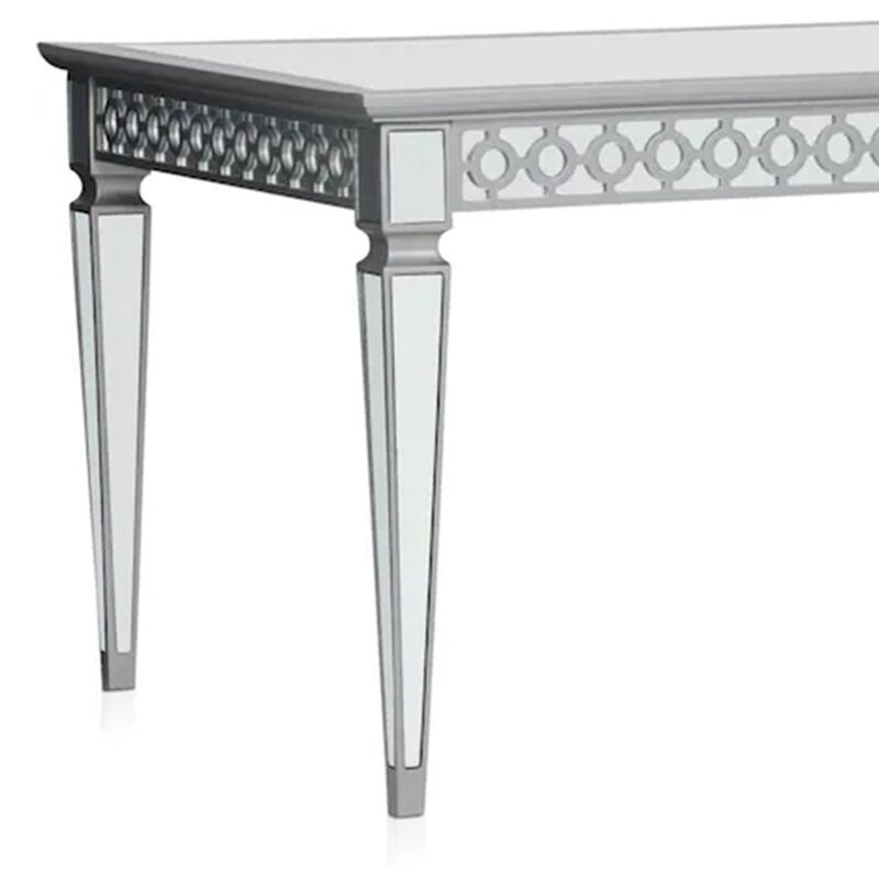 Ada 72-90 Inch Dining Table, Extendable Rectangular Top, Mirrored, Silver - Benzara