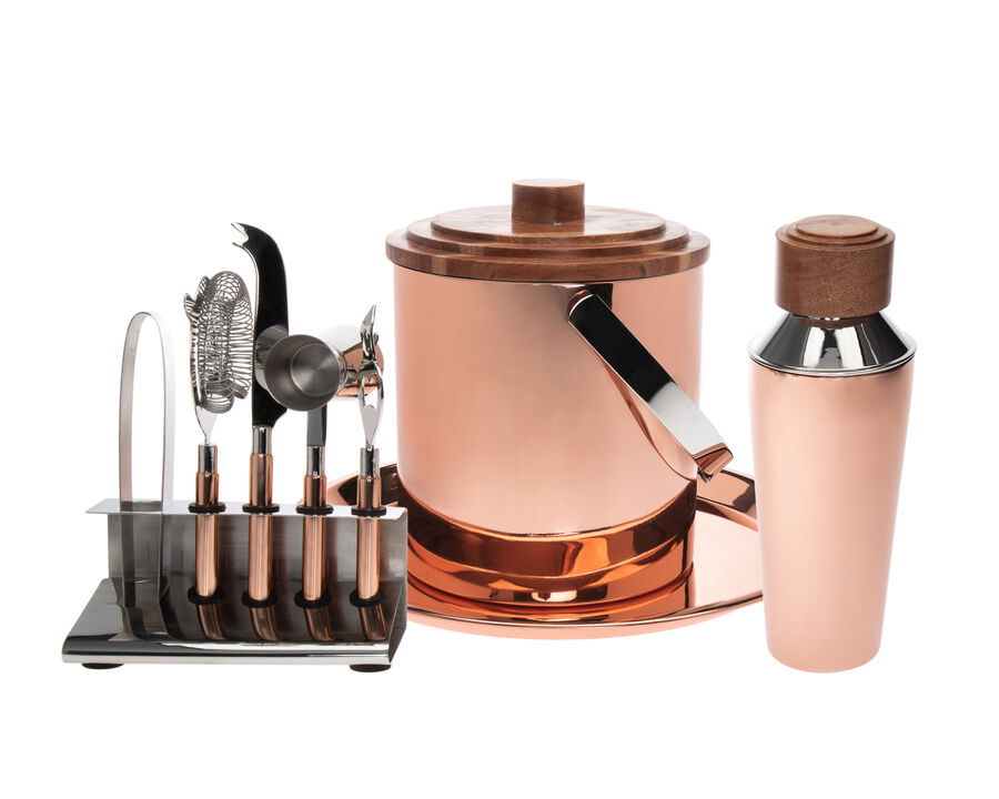 Acacia Wood & Copper 9 Piece Bar Tool Set